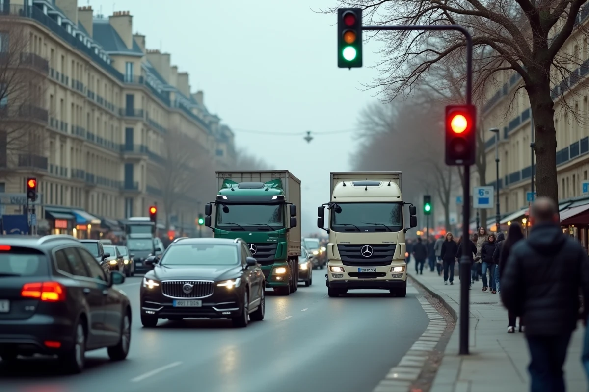 Carrefour parisien avec des véhicules diesel à l'arrêt émettant des gaz d'échappement visibles