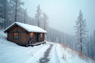 Chalet en bois traditionnel scandinave entouré de forêt enneigée en hiver, évoquant la vie rurale en Finlande ou en Norvège