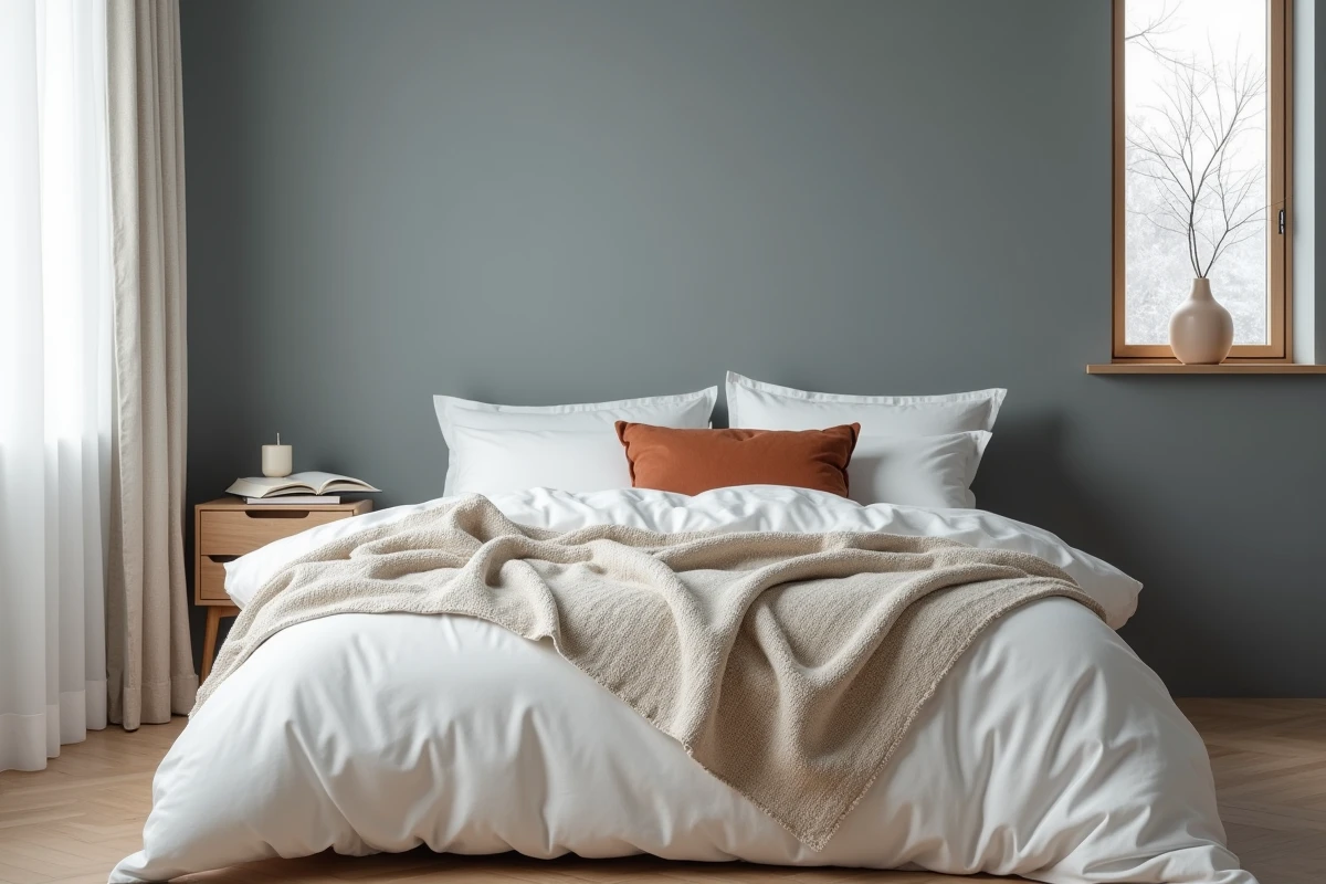 Chambre de style scandinave avec mur bleu-gris, literie blanche et touche terracotta pour une palette nordique équilibrée