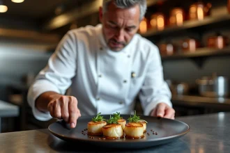 Chef expérimenté en train de dresser une assiette gastronomique de noix de Saint-Jacques dans une cuisine de restaurant étoilé