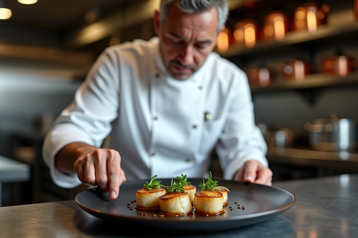 Chef expérimenté en train de dresser une assiette gastronomique de noix de Saint-Jacques dans une cuisine de restaurant étoilé
