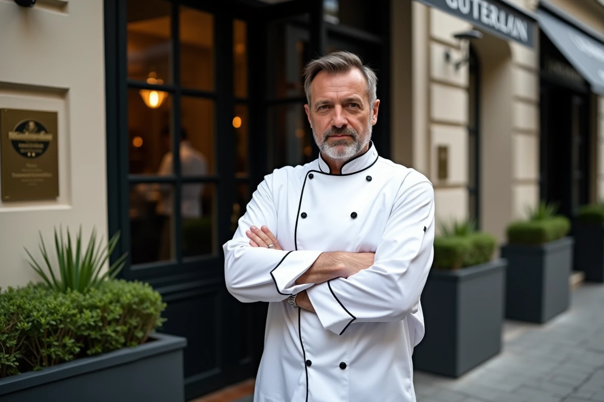 Chef étoilé parisien devant la façade de son restaurant gastronomique