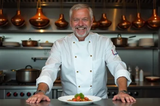 Chef français étoilé en veste blanche dans une cuisine gastronomique professionnelle