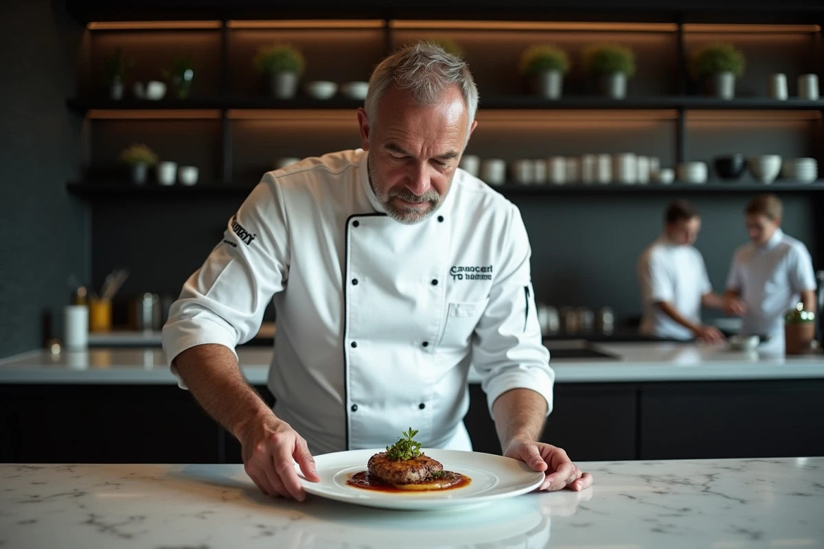 Chef gastronomique dressant une assiette étoilée dans un restaurant de haute cuisine