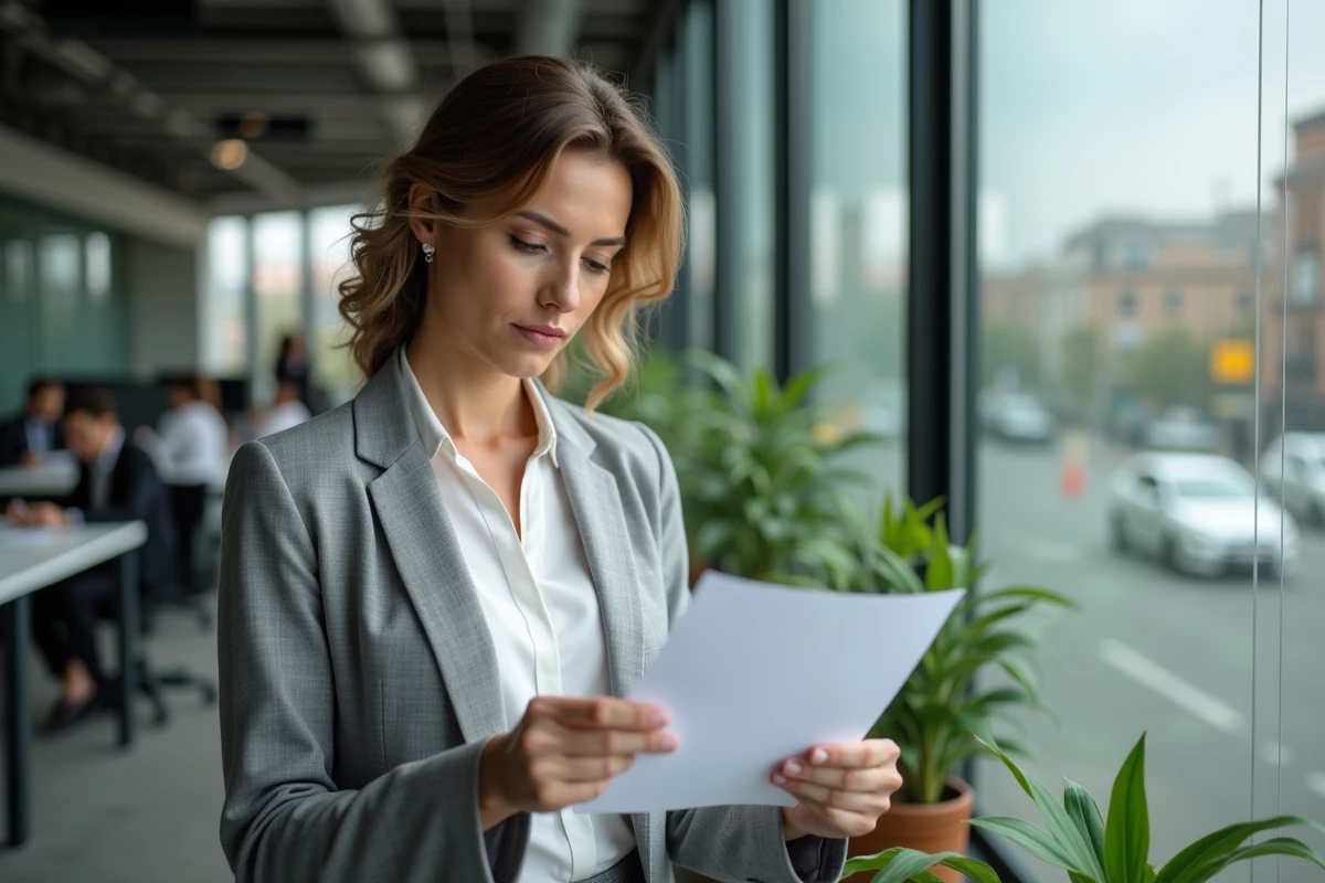 Cheffe d'entreprise lisant une lettre de contrôle Urssaf dans un espace de coworking moderne