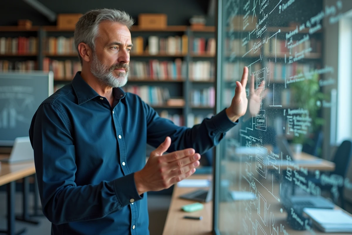 Un chercheur en intelligence artificielle explique le fonctionnement d'un LLM devant un tableau de schémas de réseaux de neurones dans un laboratoire universitaire