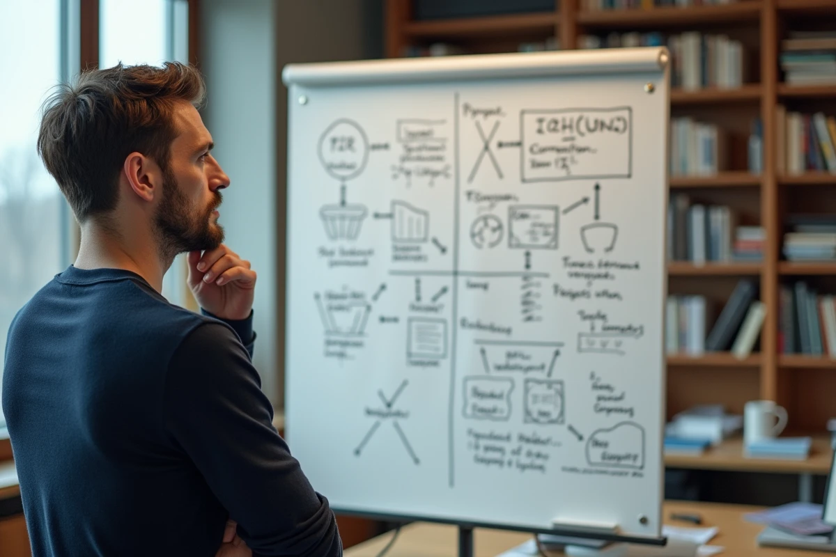 Chercheur en intelligence artificielle devant un tableau blanc rempli de schémas illustrant les limites des systèmes d'IA