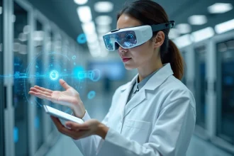 Chercheuse en laboratoire technologique interagissant avec une interface holographique représentant la révolution numérique