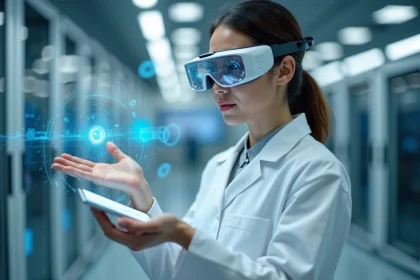 Chercheuse en laboratoire technologique interagissant avec une interface holographique représentant la révolution numérique