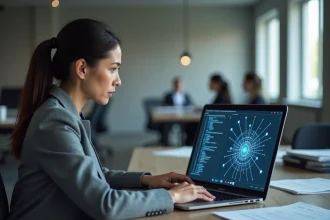 Chercheuse analysant les limites d'un algorithme d'intelligence artificielle sur un ordinateur portable dans un bureau moderne
