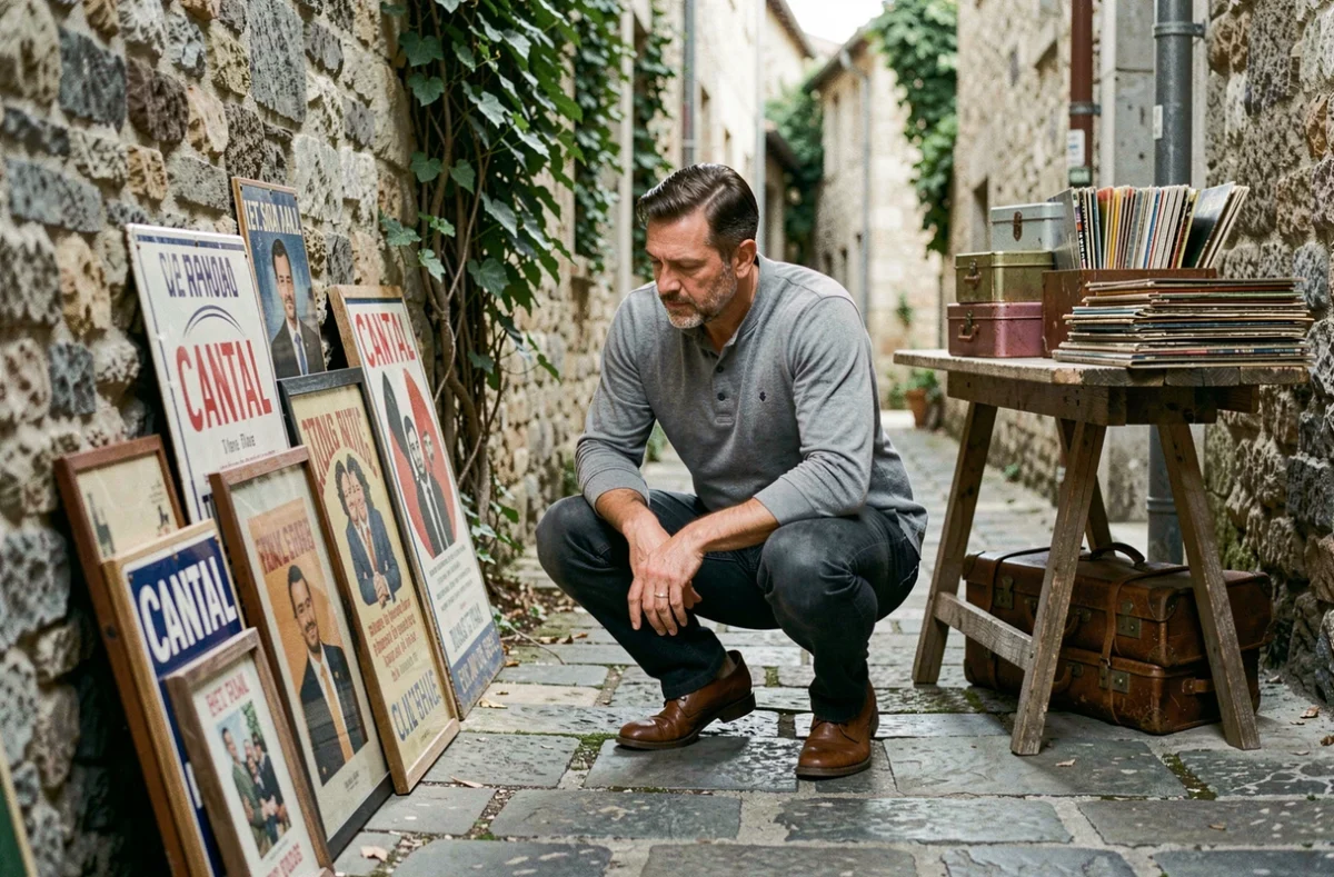 Homme inspectant des enseignes émaillées et des affiches vintage dans une ruelle de brocante du Cantal