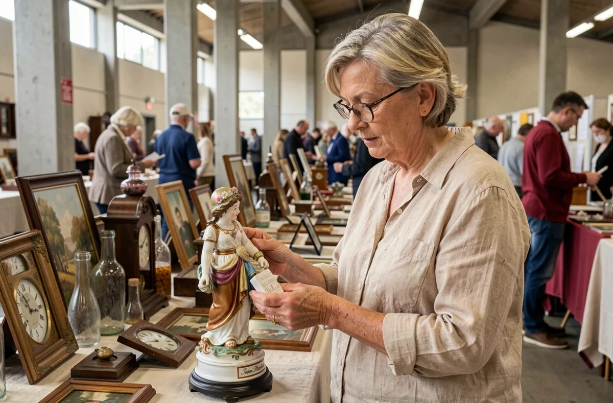 Femme examinant une figurine en porcelaine sur un étal de brocante couvert dans le Morbihan
