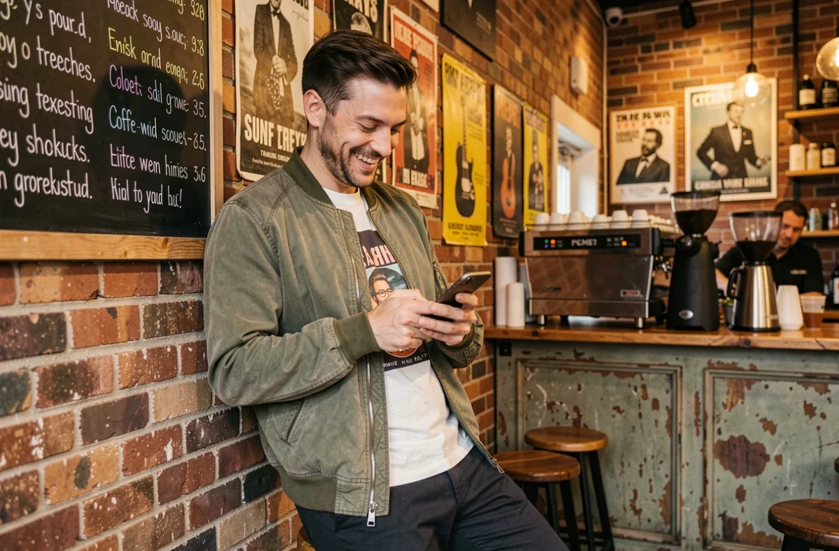 Homme souriant dans un café urbain tapant sur son téléphone devant un mur de briques avec des affiches musicales, symbolisant les accroches Tinder inspirées de la musique