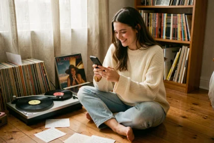 Jeune femme souriante tenant son smartphone entourée de vinyles et de notes, illustrant les citations musicales pour profil Tinder