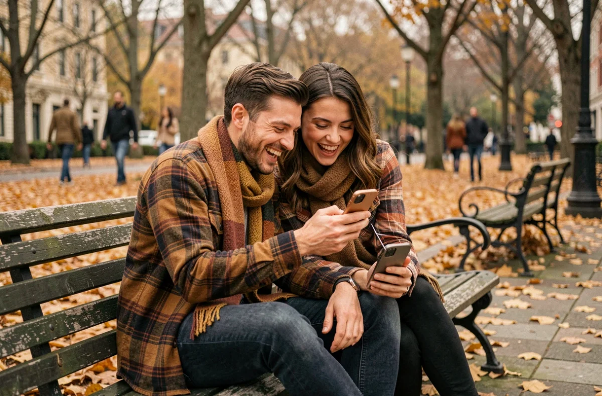 Deux amis assis sur un banc de parc en automne riant devant un smartphone, illustrant le partage de citations musicales amusantes pour Tinder