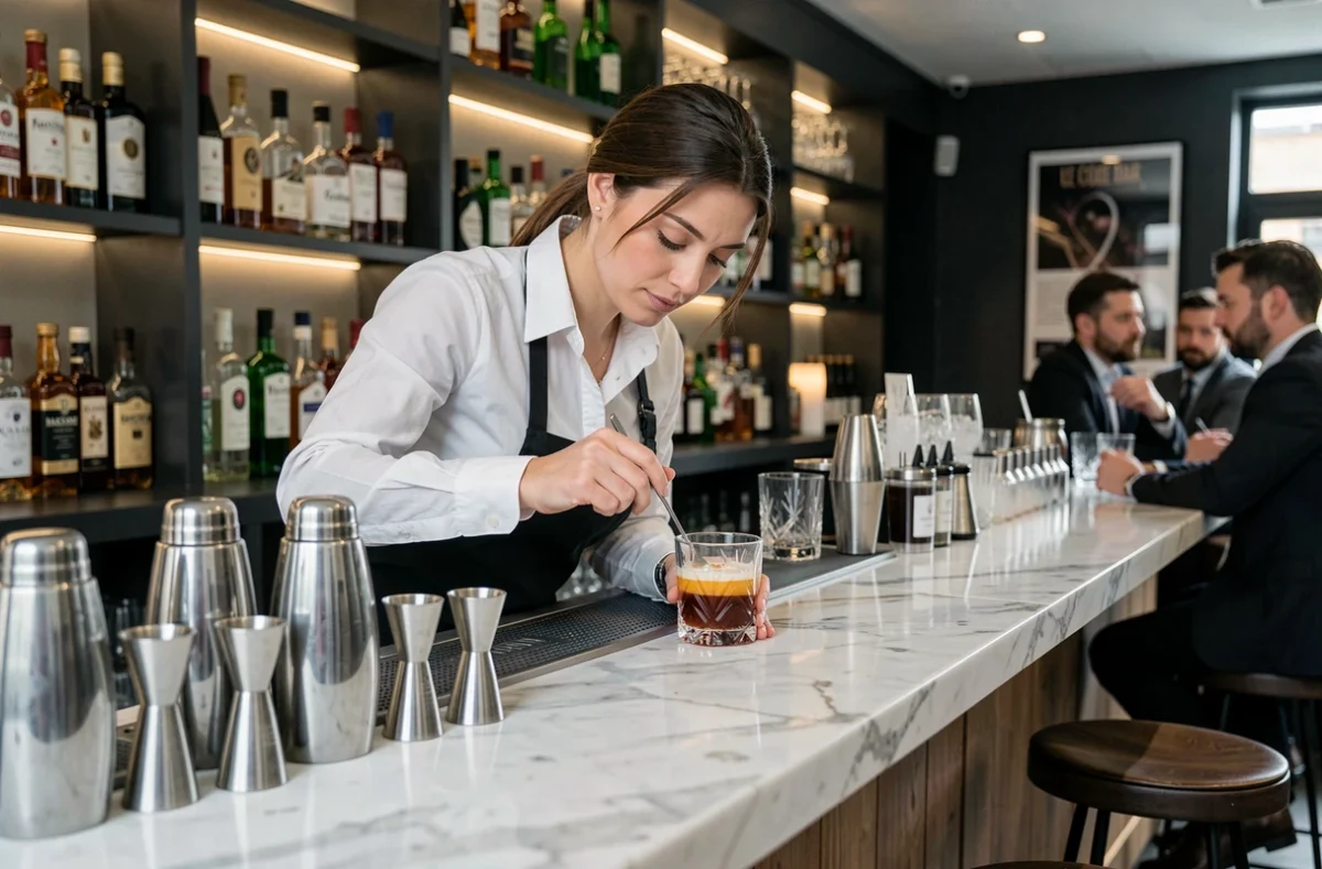 Barwoman experte du Code Bar à Nantes en train de préparer un cocktail artisanal sur un comptoir en marbre entouré de flacons et shakers
