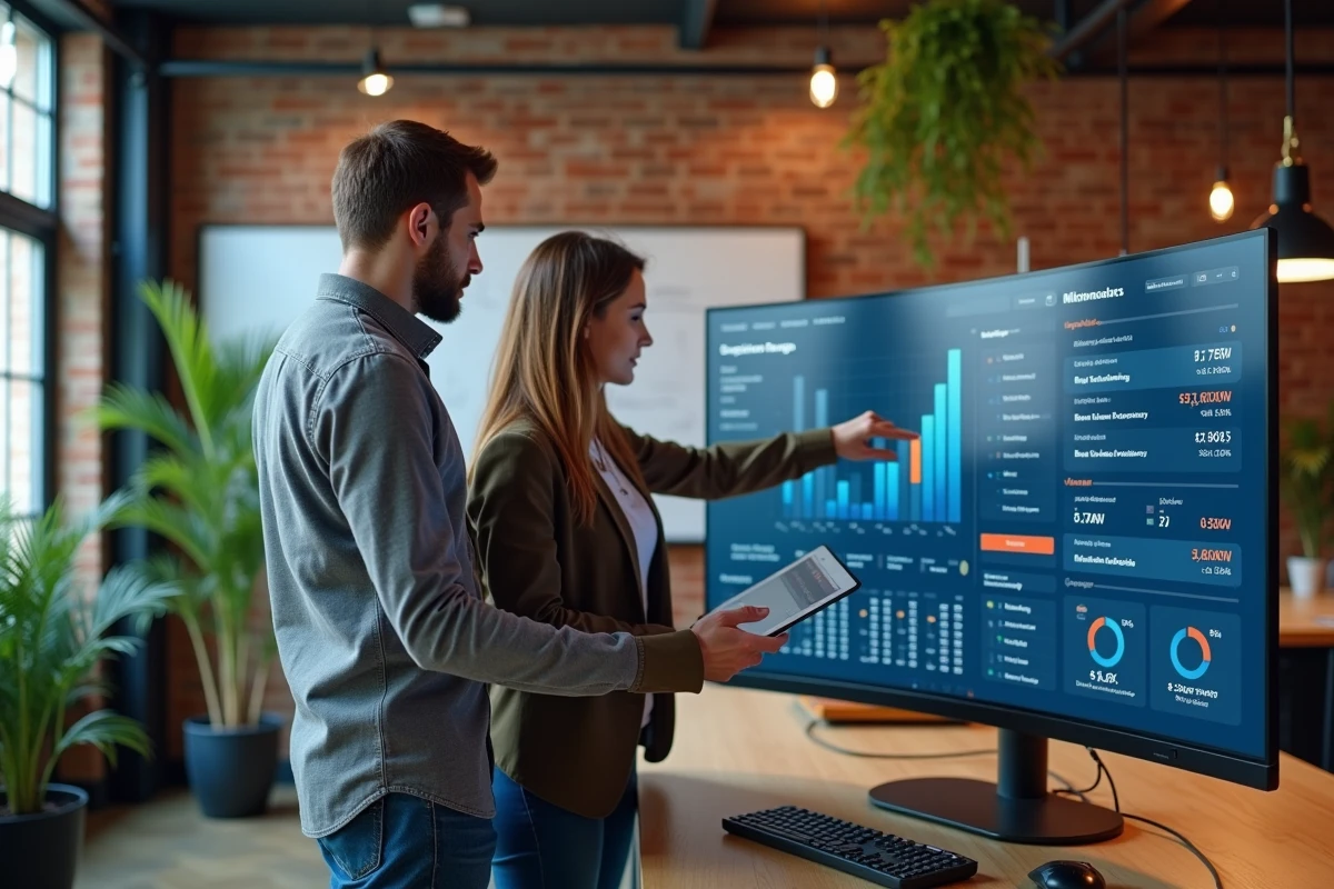 Deux professionnels de la finance collaborant sur un logiciel ERP et des outils d'analyse financière dans un espace de coworking moderne