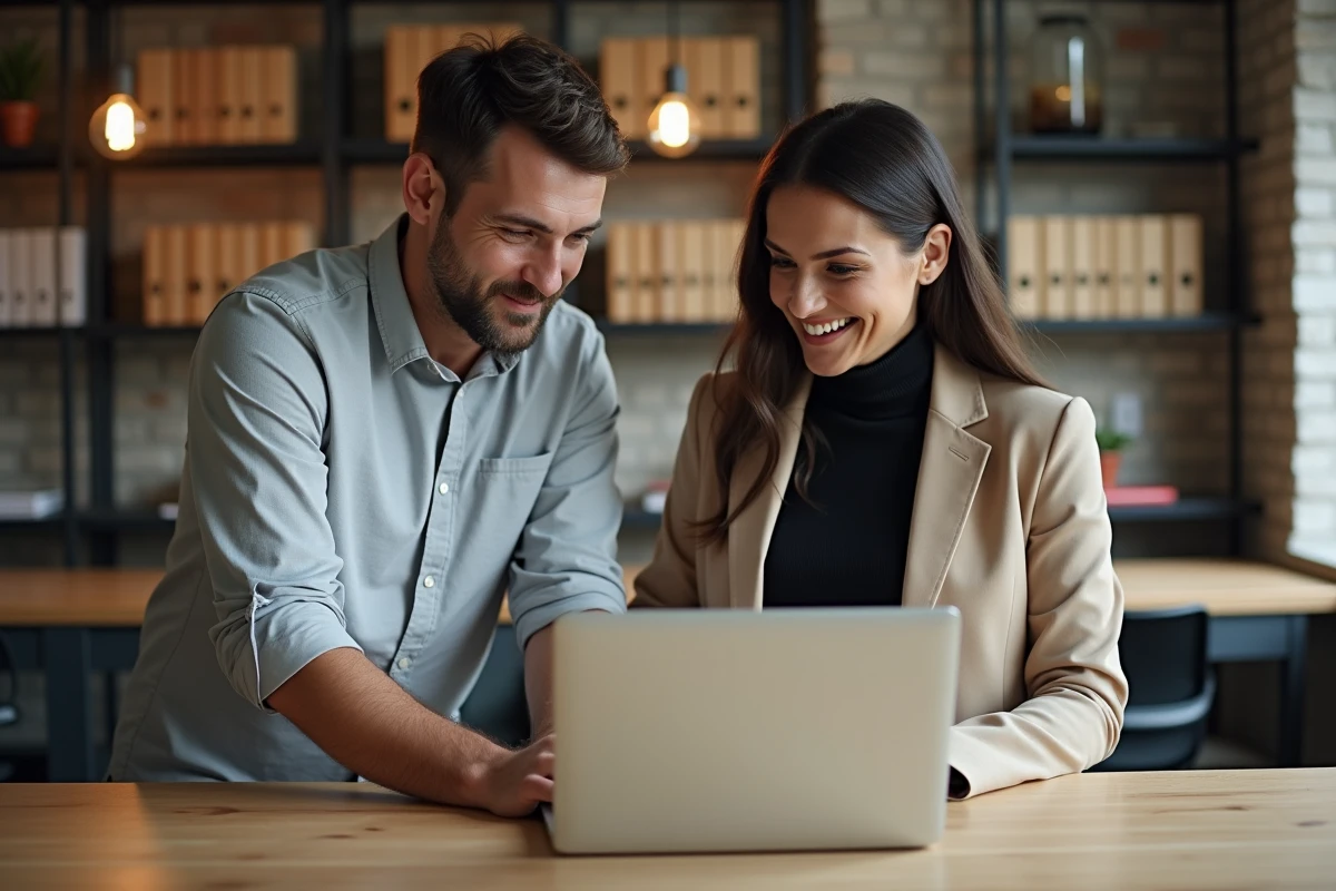 Homme et femme collaborant côte à côte sur un ordinateur portable dans un espace de coworking, illustrant la parité au travail
