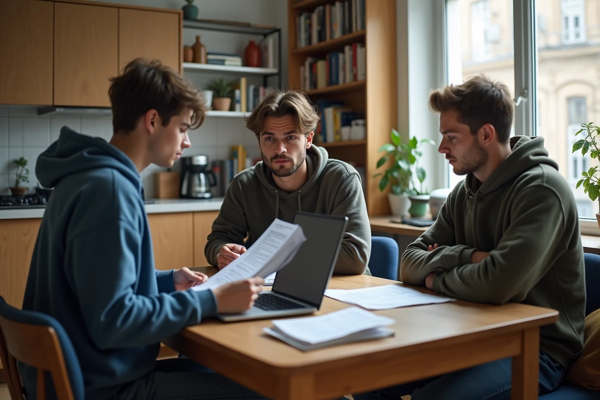 Trois colocataires réunis autour d'un bail de location pour comprendre si leur colocation peut être interdite par le propriétaire