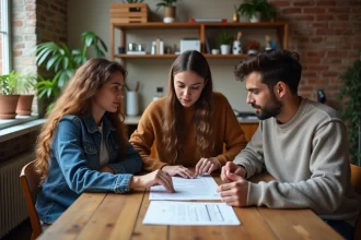 Trois colocataires en train de lire et signer un bail solidaire ensemble autour d'une table en bois dans un appartement partagé
