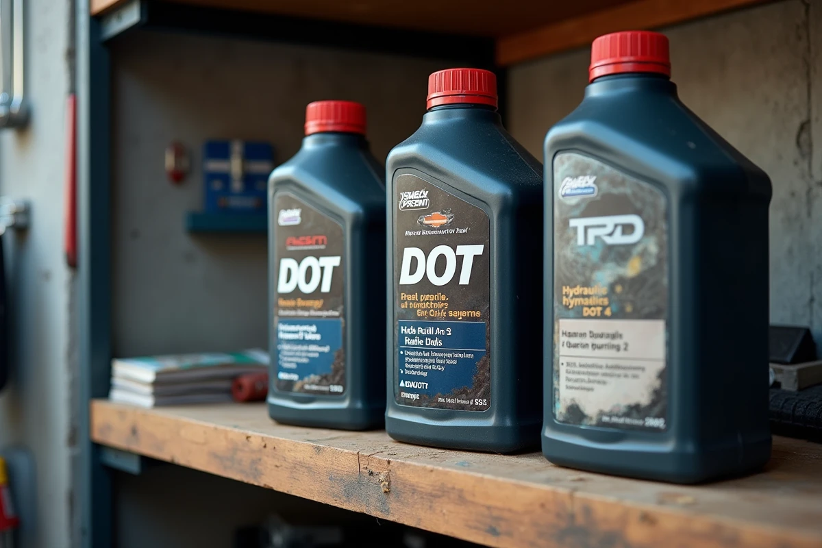 Comparaison de bouteilles d'huile de purge DOT 4, DOT 5.1 et huile minérale sur une étagère d'atelier