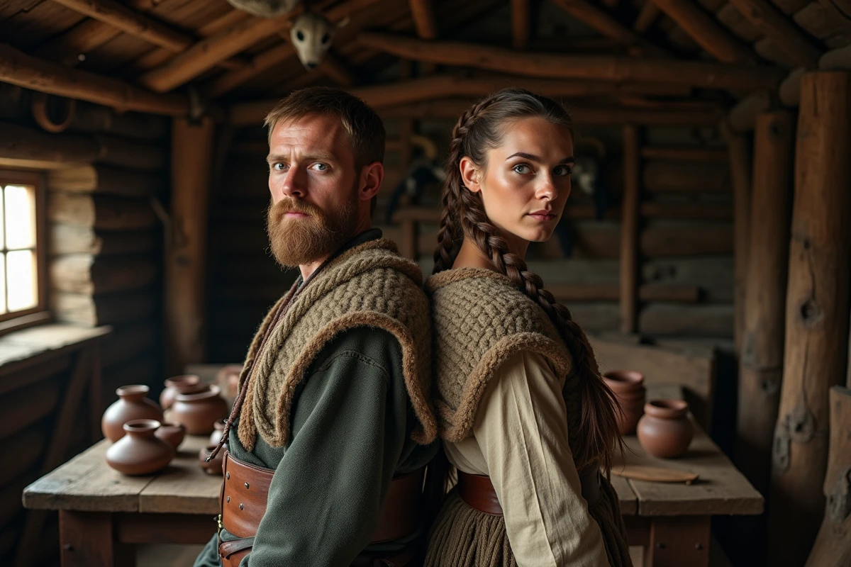 Deux reconstituteurs vikings homme et femme comparant leur stature à l'intérieur d'une maison longue viking traditionnelle en bois