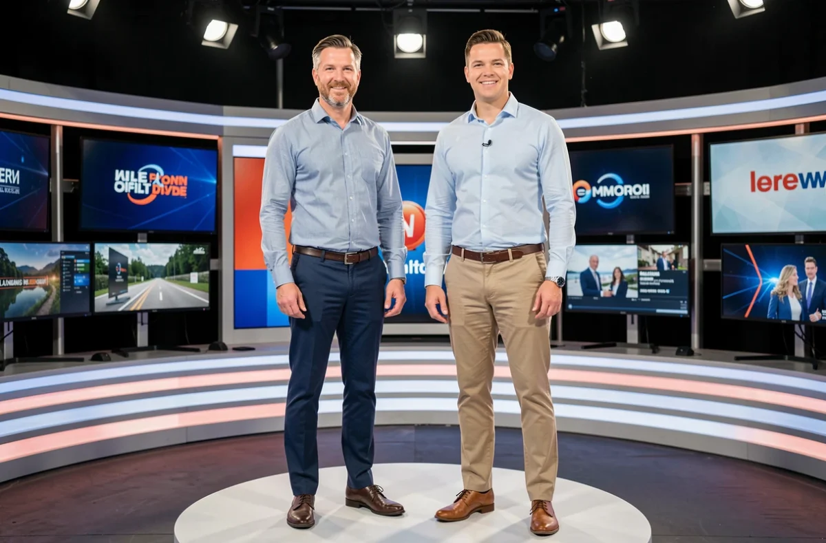 Comparaison de taille entre deux animateurs de télévision français debout sur un plateau télé