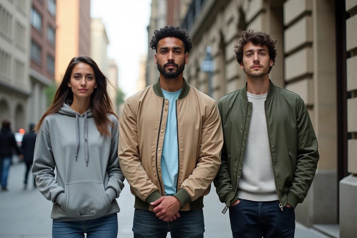 Groupe de trois adultes debout côte à côte en ville montrant des différences de taille visibles