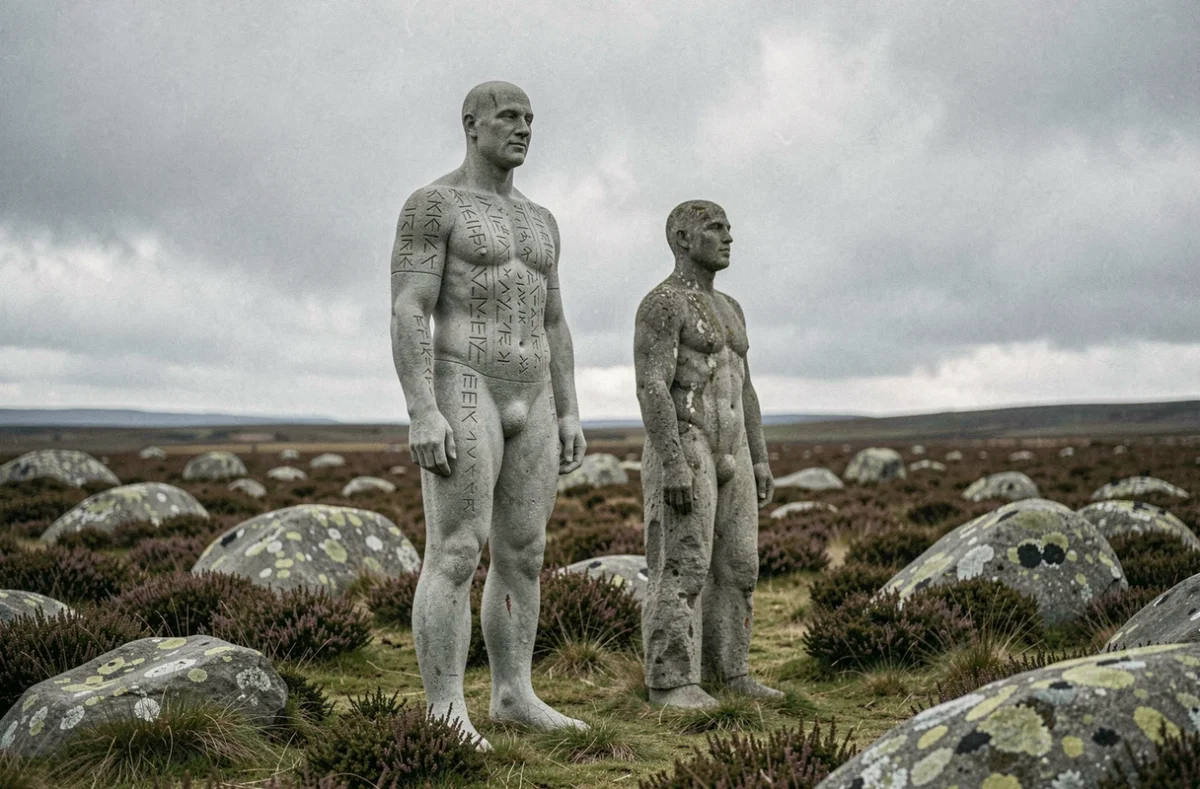 Comparaison entre un titan primordial aux motifs anciens élaborés et un titan ordinaire plus simple, côte à côte dans un paysage de lande rocheuse