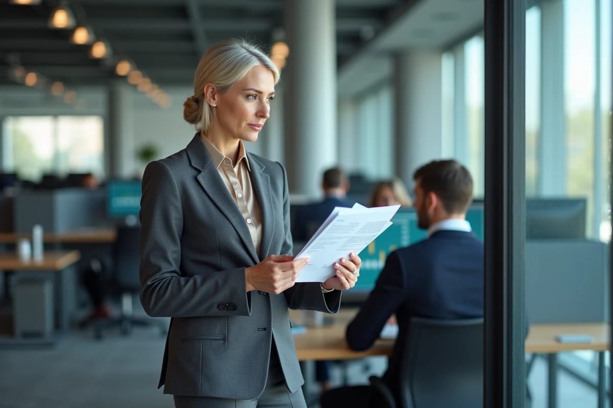 Comptable femme discutant d'une déclaration fiscale avec un collègue dans un cabinet d'expertise comptable moderne