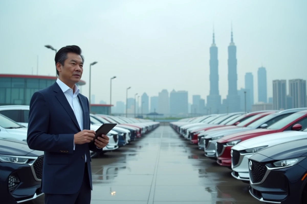 Grand parking de concessionnaire automobile en Chine avec des rangées de voitures neuves et un vendeur professionnel devant la skyline de Shanghai