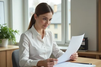 Femme consultant des documents sur les conditions d'hébergement dans un bureau administratif moderne