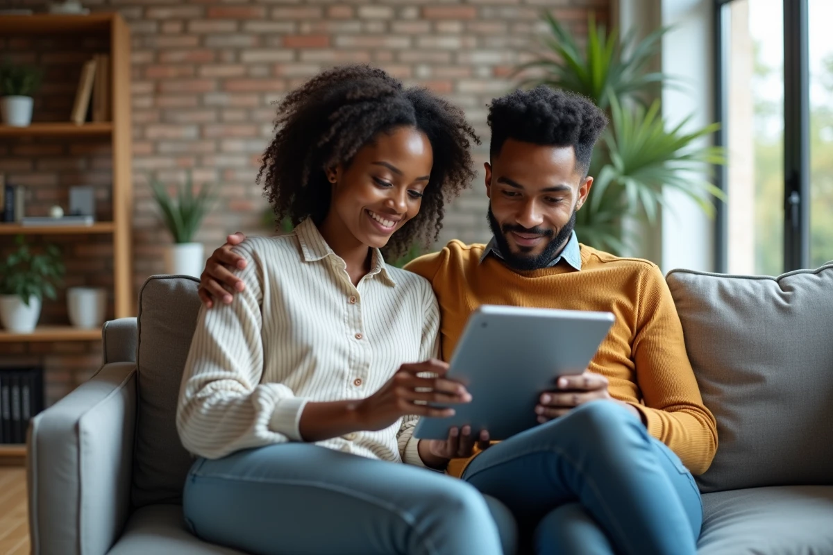 Deux locataires consultant les conditions d'hébergement sur une tablette dans un appartement meublé