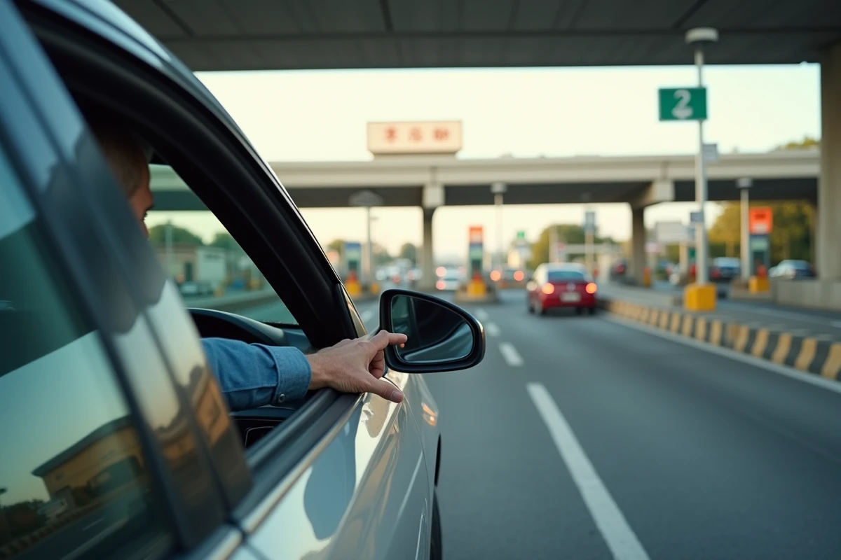 Conducteur payant un péage électronique sur une autoroute, symbolisant le coût élevé des routes à péage dans le monde