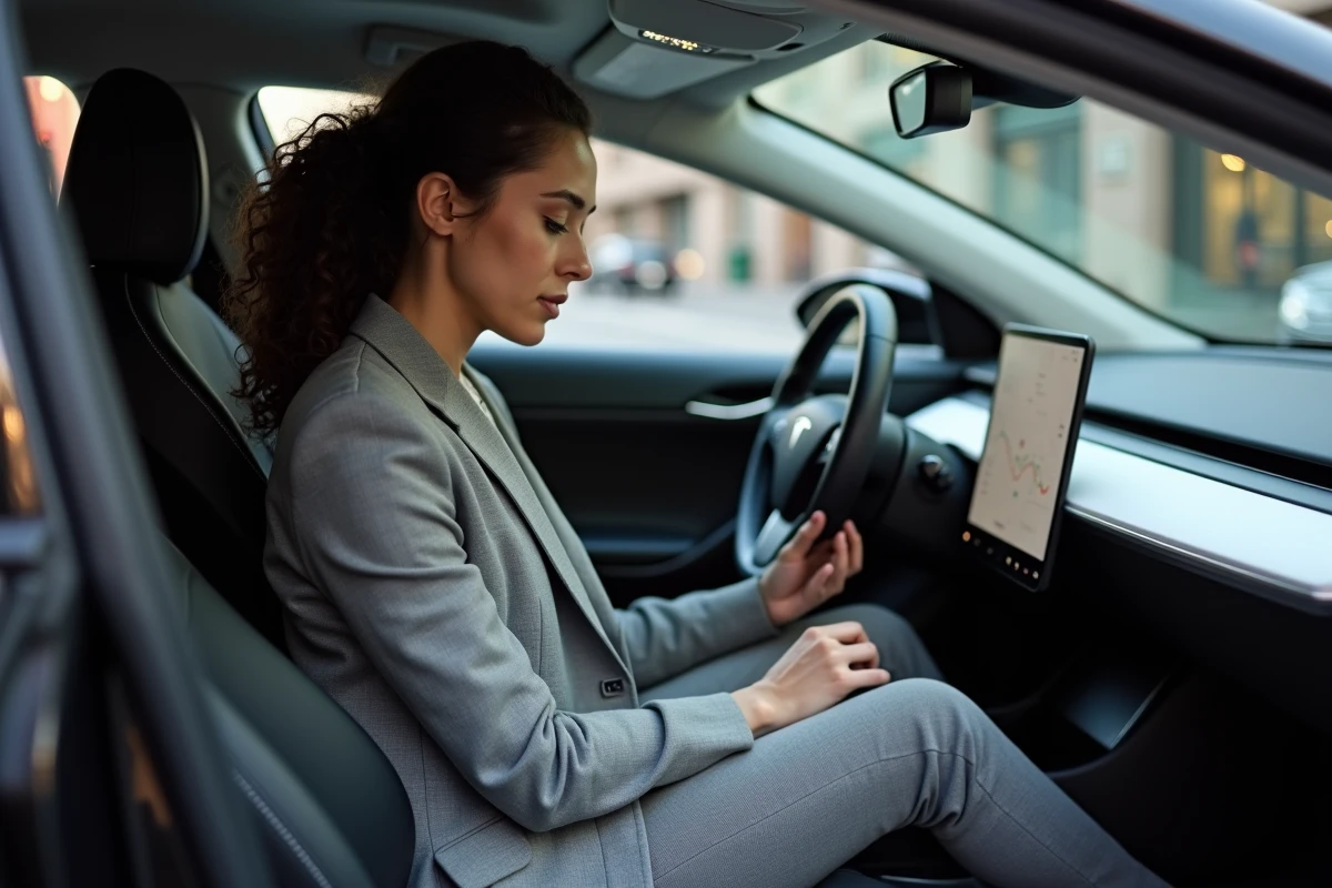 Femme conductrice découvrant l'interface tactile intérieure d'une Tesla Model Y noire