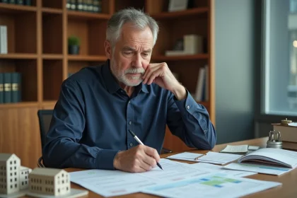 Conseiller en gestion patrimoniale examinant des documents fiscaux liés à une SCI pour éviter la plus-value immobilière