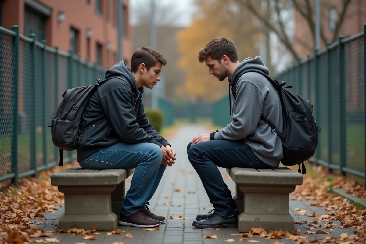 Conseiller scolaire en discussion bienveillante avec un adolescent assis seul dans une cour d'école en automne