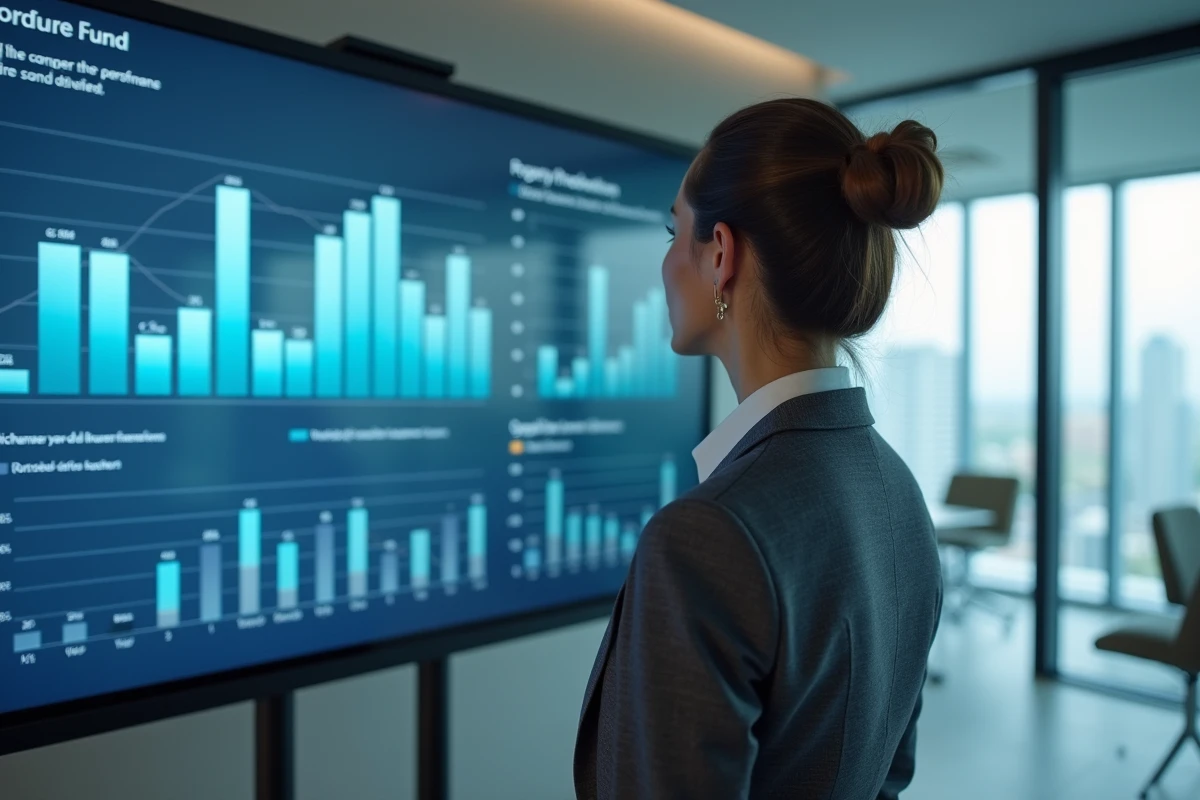 Une conseillère en investissement présente des graphiques de baisse des SCPI sur un écran interactif dans une salle de réunion financière