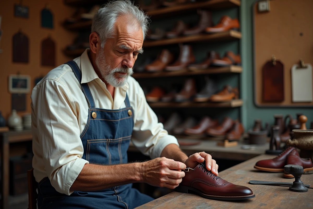 Cordonnier artisan cousant une semelle en cuir dans sa boutique de réparation traditionnelle