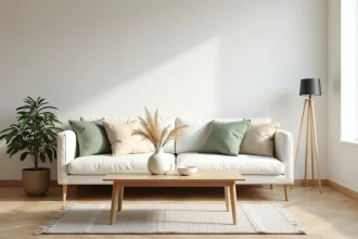 Salon scandinave aux tons blancs, beiges et vert sauge avec mobilier en bois clair et accessoires naturels