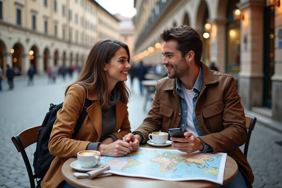 Couple estimant le budget de leur voyage avec carte du monde et carnet de notes dans un café en terrasse