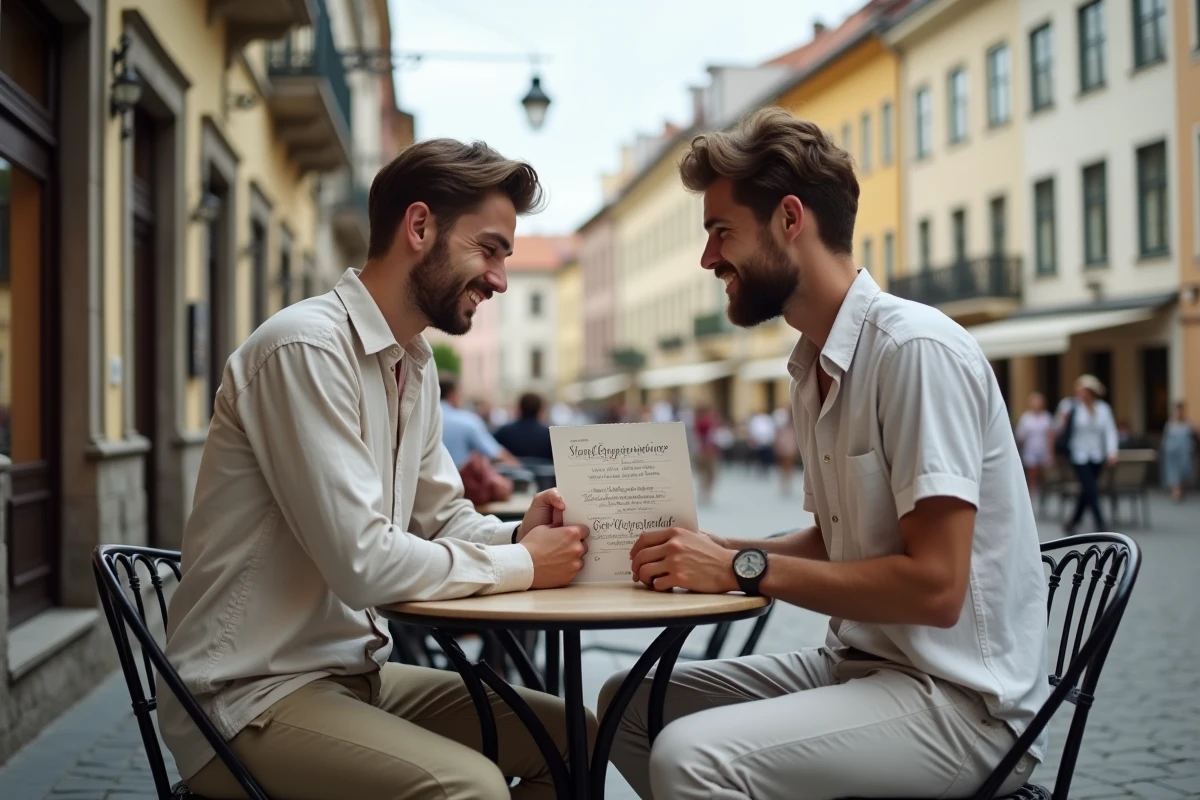 Couple de voyageurs consultant un menu abordable dans un café en terrasse d'une ville d'Europe de l'Est, symbolisant le faible coût de la vie dans ces destinations