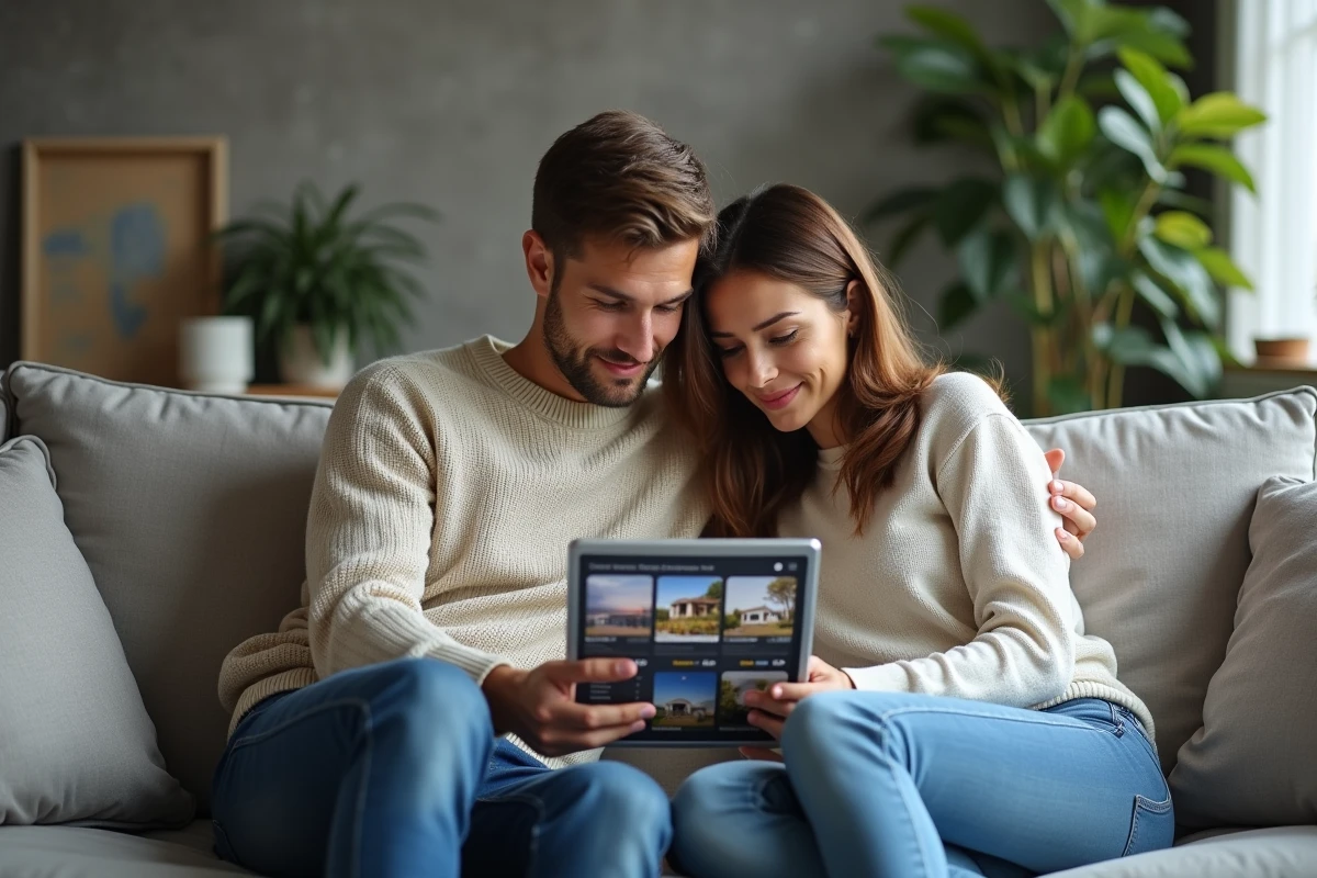 Couple comparant des annonces immobilières sur une tablette dans leur salon moderne