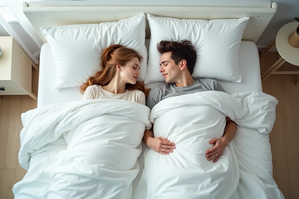 Couple endormi dans une chambre lumineuse illustrant un sommeil réparateur et équilibré