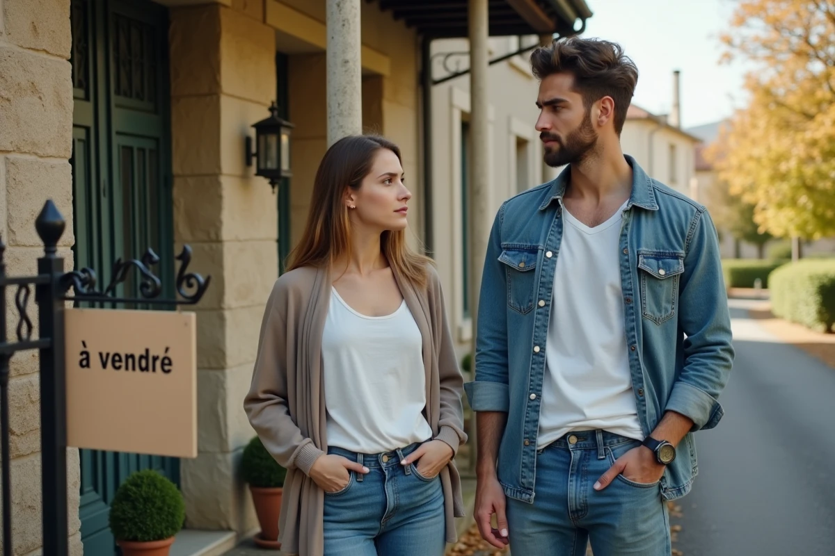 Couple de jeunes propriétaires devant leur maison française avec panneau à vendre, illustrant la difficulté de revendre un bien immobilier avant 5 ans