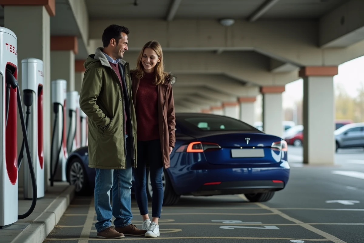 Couple utilisant une borne Supercharger Tesla dans un parking couvert en extérieur