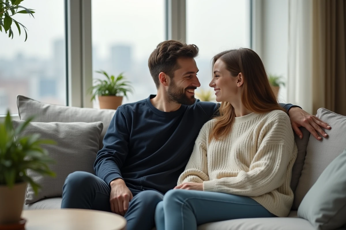 Couple complice sur un canapé dans un appartement moderne, regard amoureux et tendre de l'homme vers la femme
