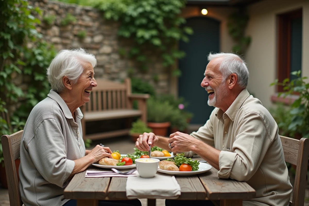 Couple de seniors partageant un repas simple dans un jardin avec une table en bois et des plantes en terrasse, illustrant le bonheur dans la simplicité et les moments partagés