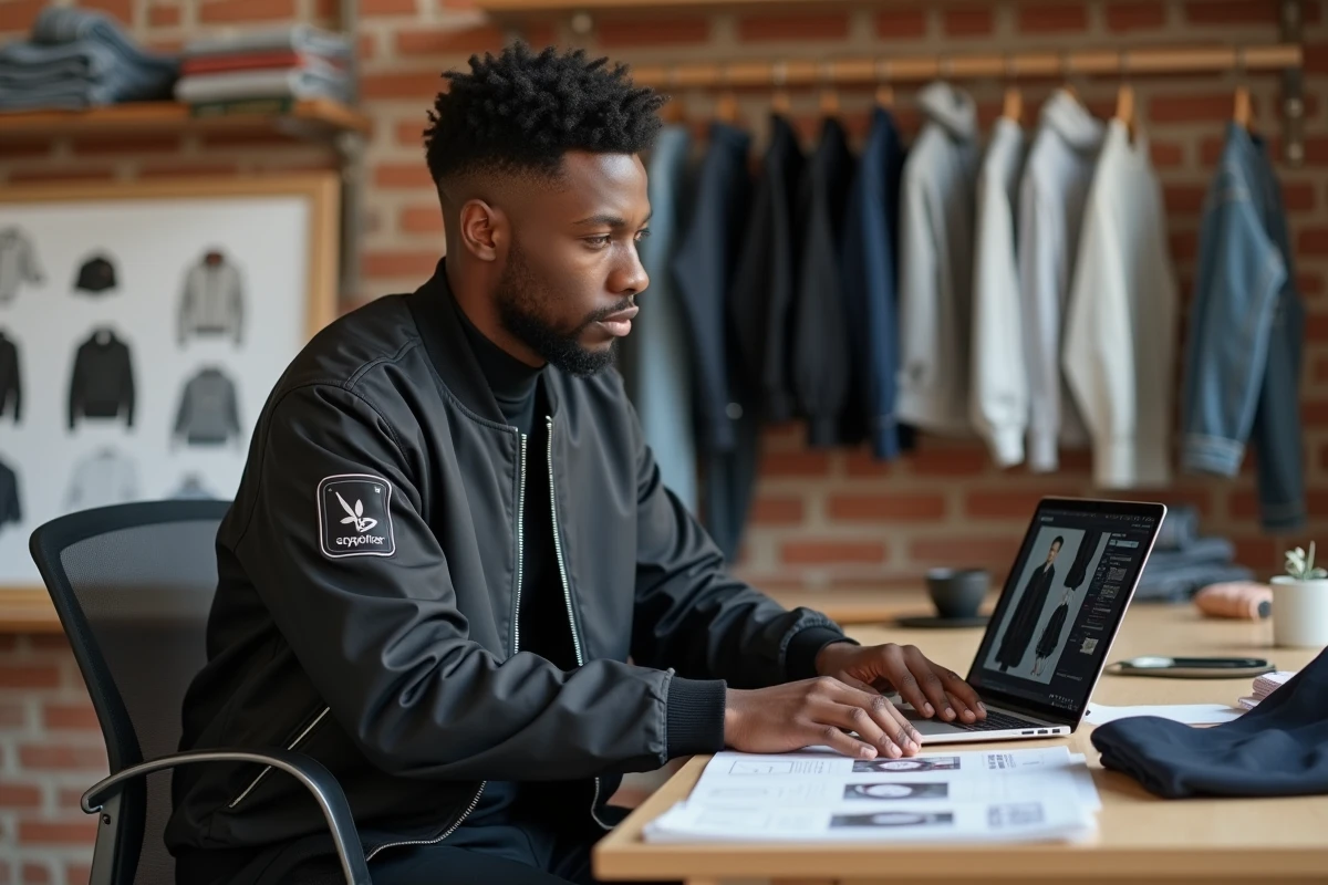 Créateur de marque streetwear dans son studio de création avec des échantillons de vêtements et un moodboard