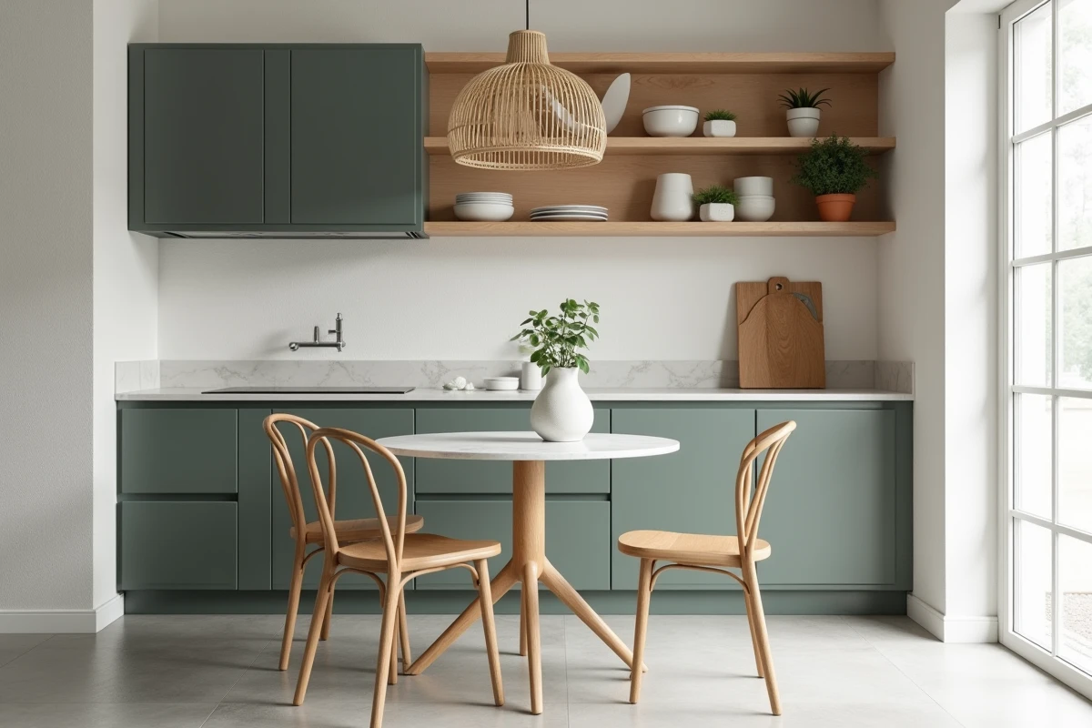 Cuisine et coin repas scandinave avec armoires vert-gris, étagères en chêne et vaisselle blanche sur fond de murs blancs